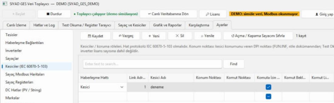 Ayarlar: kesiciler (IEC 60870-5-103)