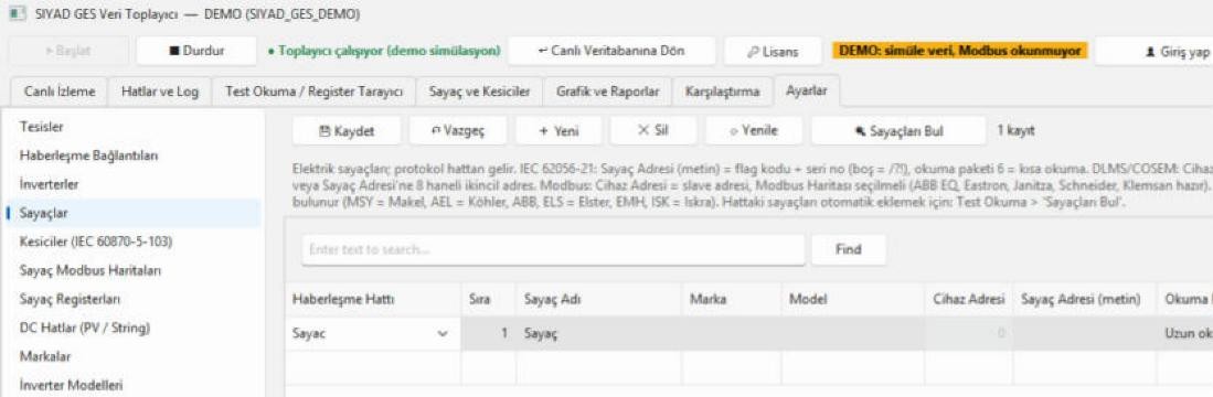 Ayarlar: sayaçlar (IEC 62056-21, DLMS/COSEM, M-Bus, Modbus)